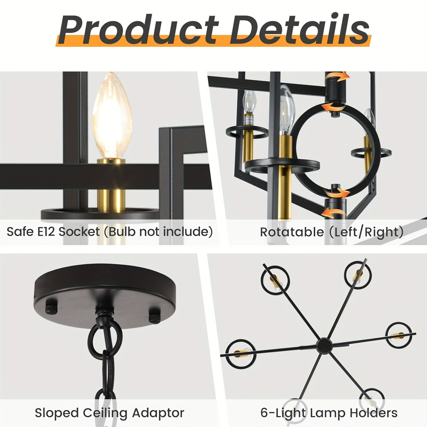 6-Light Black Chandelier for High Ceilings - Modern Adjustable Geometric Metal Fixture with Powder-Coated Finish, Semi-Flush Mount Entryway & Dining Room Lighting, E12 Bulb Compatible, No Assembly Required, Staircase Illumina