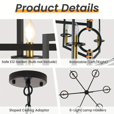 6-Light Black Chandelier for High Ceilings - Modern Adjustable Geometric Metal Fixture with Powder-Coated Finish, Semi-Flush Mount Entryway & Dining Room Lighting, E12 Bulb Compatible, No Assembly Required, Staircase Illumina