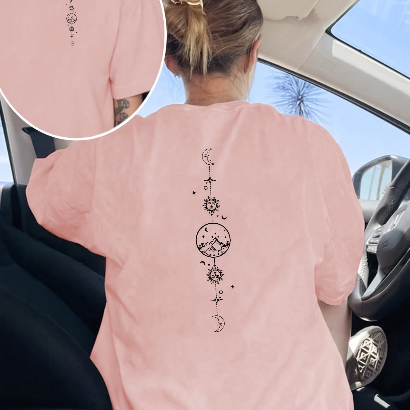 Women's Black & White Celestial Print Short Sleeve T-Shirt - Front & Back Moon & Stars Graphic, Medium Stretch Round Neck Casual Top, Machine Washable All-Season Comfort Fit, Everyday Top | Stylish Back Print | Quality Casual