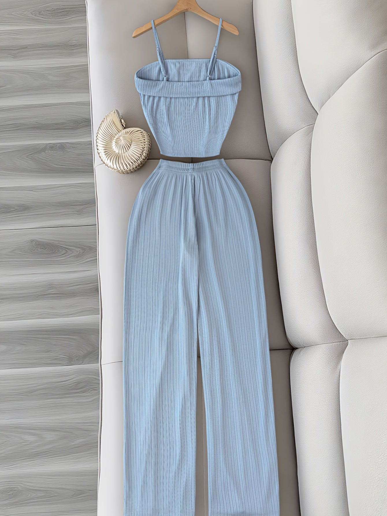 Elegant Light Blue Sleeveless Top & Wide-Leg Pants Set