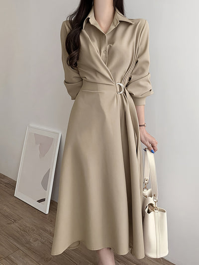 Women's Elegant Solid Color Mid-Length Dress with Shirt Collar, Side Tie Waist, Long Sleeves, Button Detail, A-Line Silhouette, Polyester, Spring/Autumn Fashion, Korean Style
