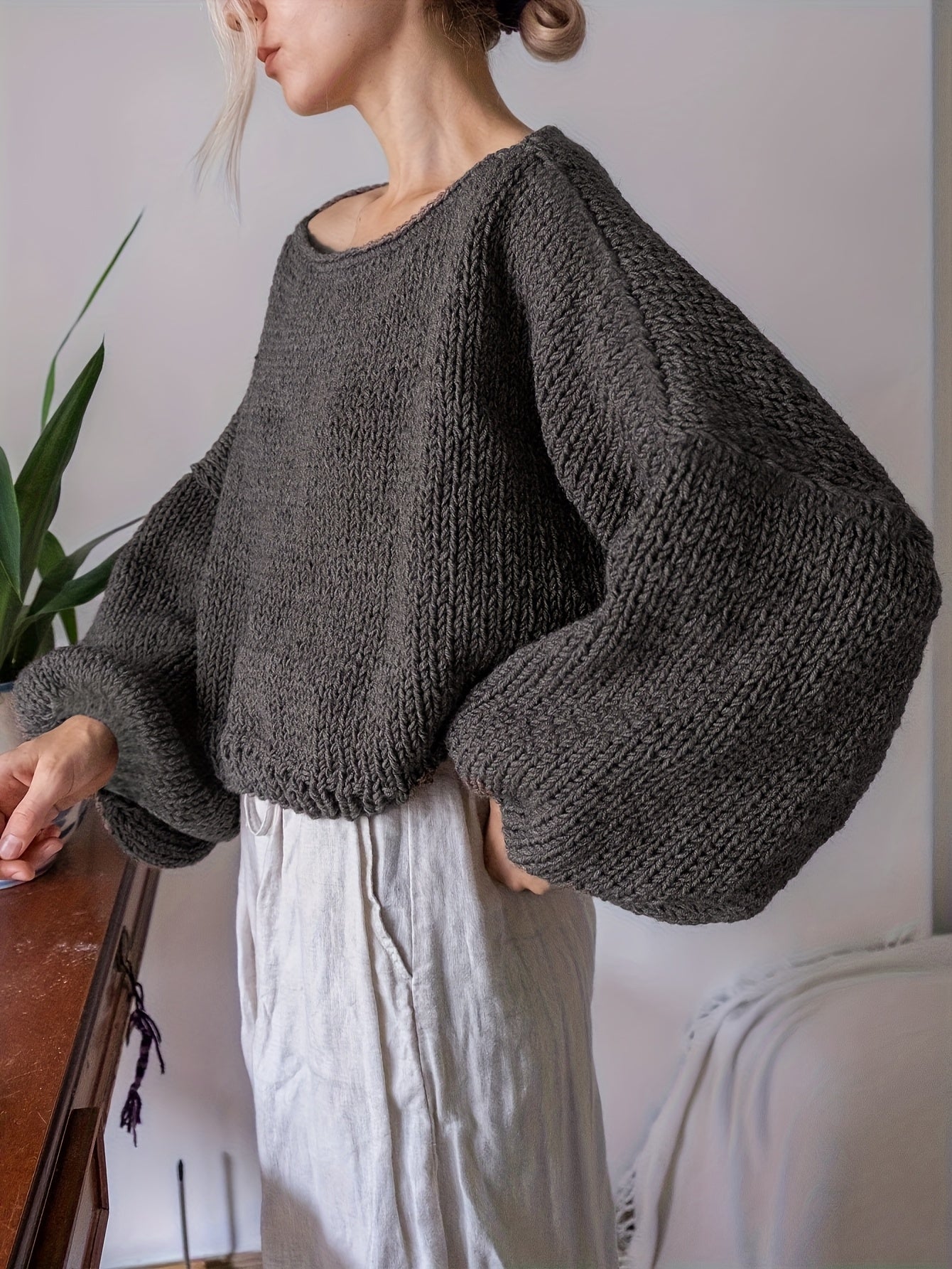 Elegant Gray Sweater with Puff Sleeves
