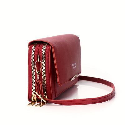 Women's Fashionable Square Cell Phone And Coin Shoulder Bag, Double Zipper Multi-compartment Women's Small Square Bag with Card Slots And Detachable Adjustable Shoulder Strap, Korean Style Fashionable PU Crossbody Bag Wallet