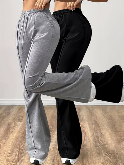 Solid Color Casual Pants Set, High Waist Drawstring Flare Pants Outfit for Women