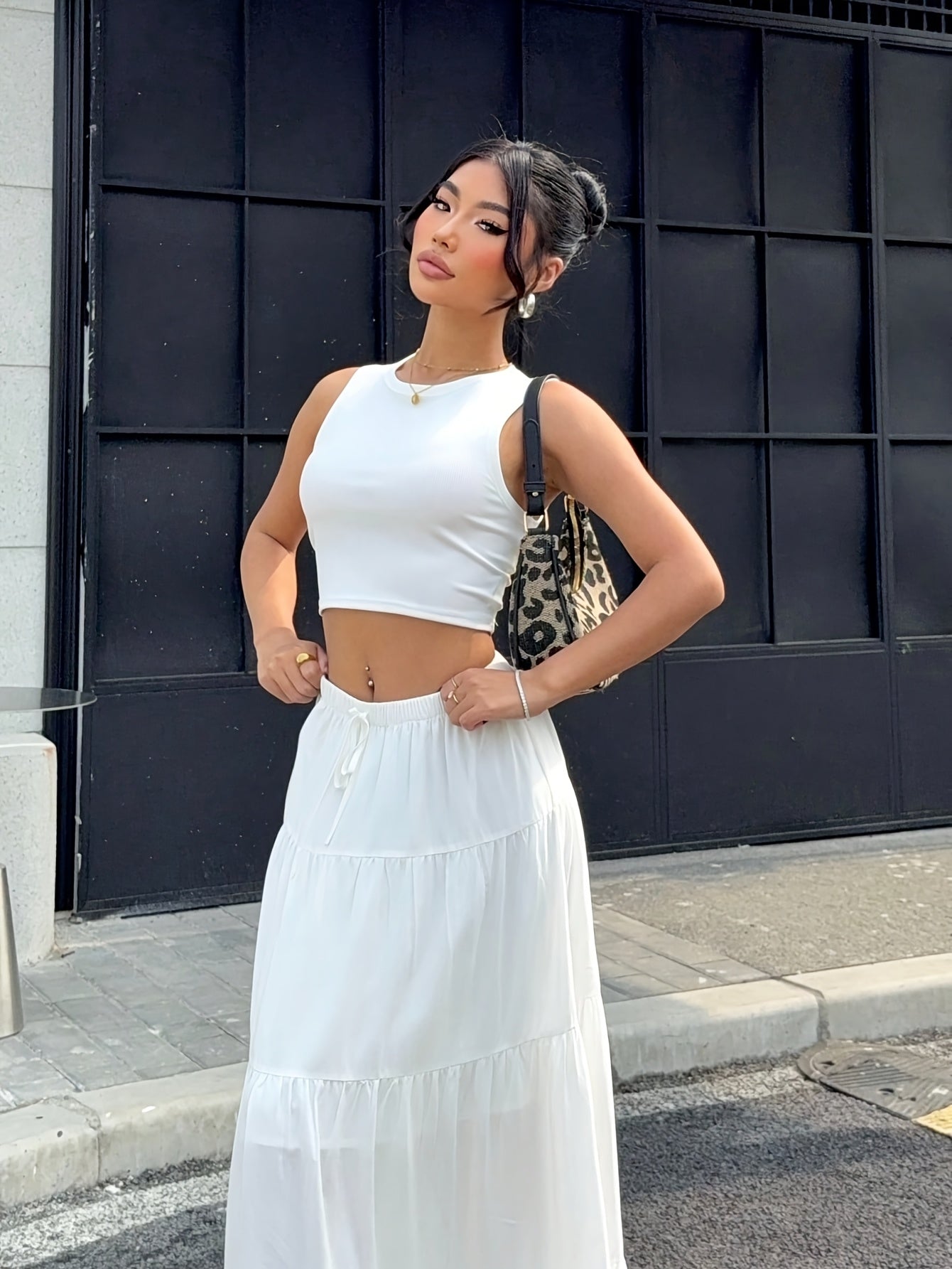 2pcs Women'S Solid Color Crop Top and Maxi Skirt Set