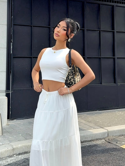 2pcs Women'S Solid Color Crop Top and Maxi Skirt Set