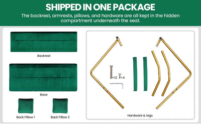 Costoffs Velvet Fabric Sofa Couch, 56.5″ W Modern Loveseat Couch with Gold-tone Metal Arms, Legs & 2 Pillows, Sofa for Living Room, Bedroom Furniture, Halloween Gift, Pink/Green/Gray