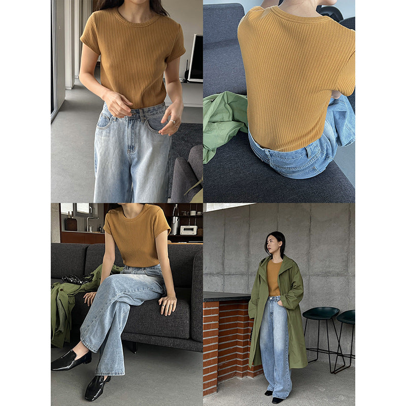 Women's Summer Round Neck Texture Short Sleeve T-shirt Top