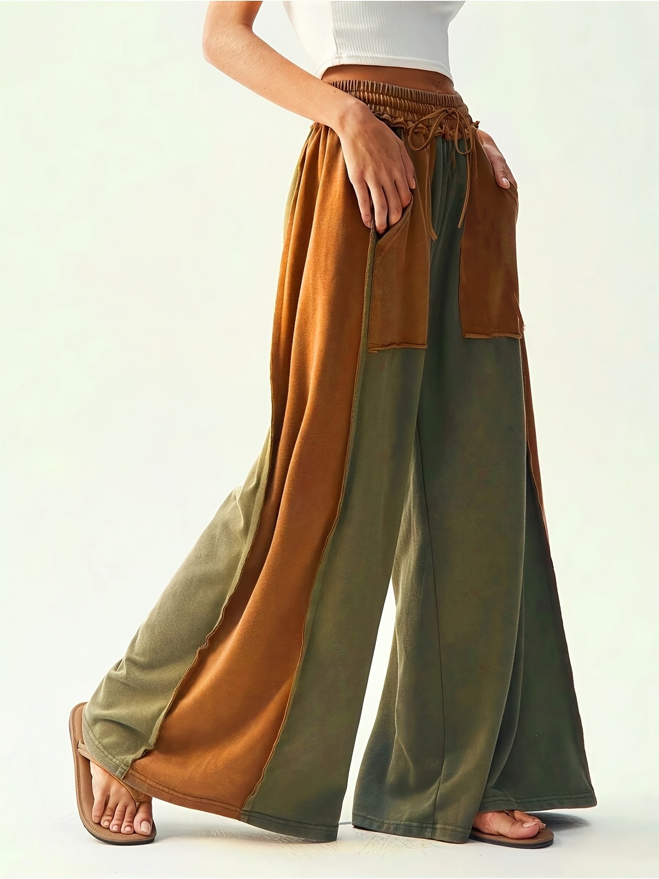 High-Waisted Wide-Leg Pants with Two-Tone Patchwork