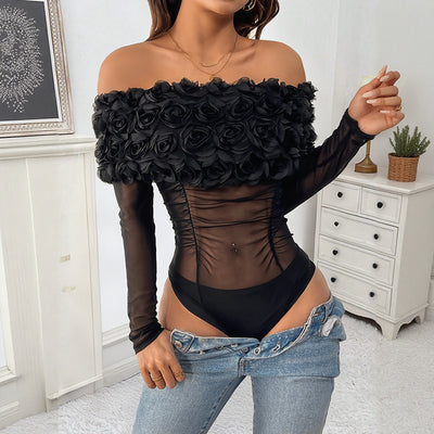 Off-the-shoulder Three-dimensional Flower Pure Color Tight Jumpsuit