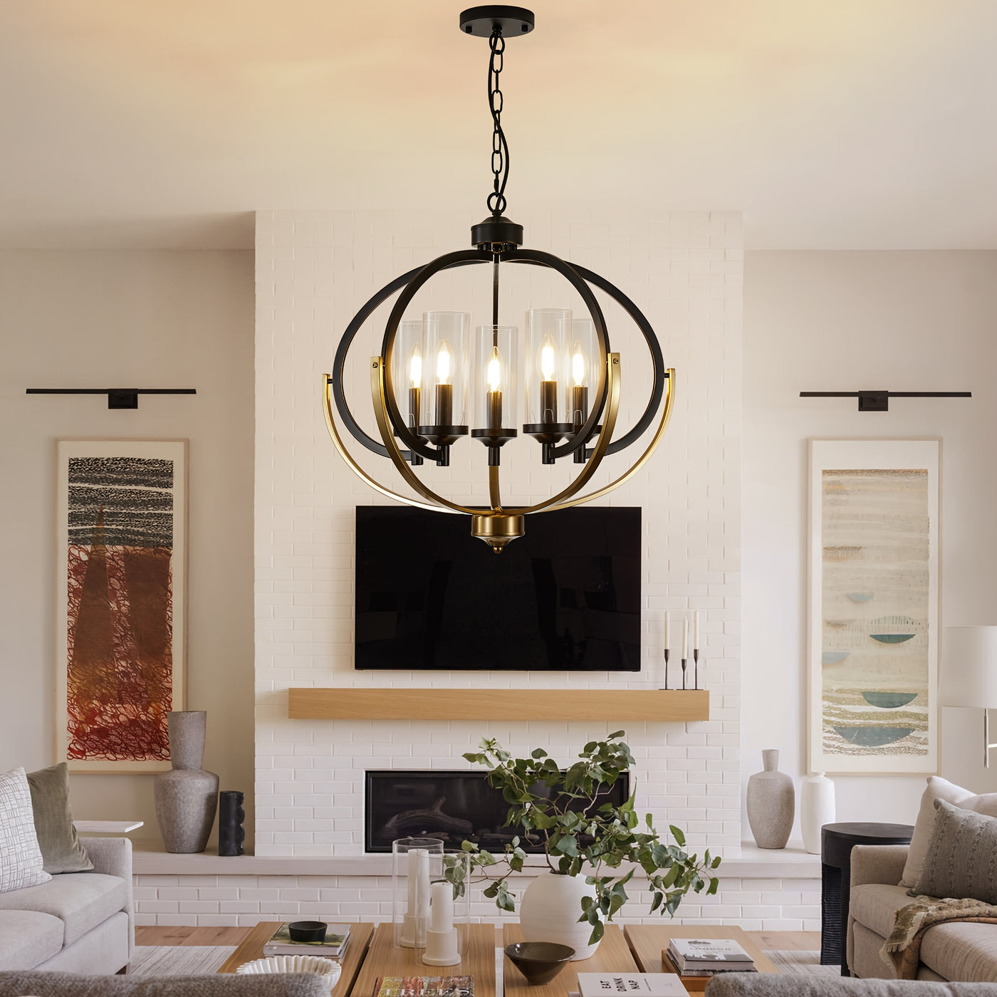 5-Light Black And Golden Chandelier, 24" Farmhouse Dining Room Light Fixture, Adjustable Hanging Ceiling Lantern Pendant Light, with Glass Shade Globe Chandeliers, for Kitchen, Bedroom, Foyer, Chandelier For Dining Room, Chan