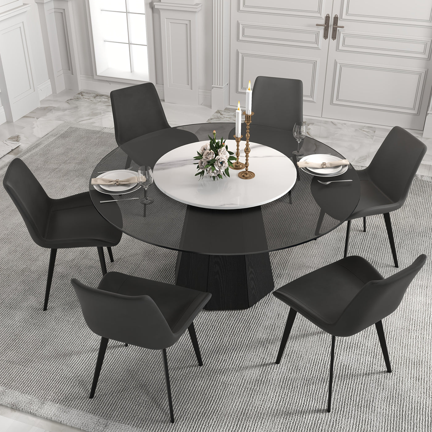 Glass Round Dining Table For 6-8, Modern Dining Table 59" Dining Room Table Round Black Glass Top With Solid Base For Kitchen