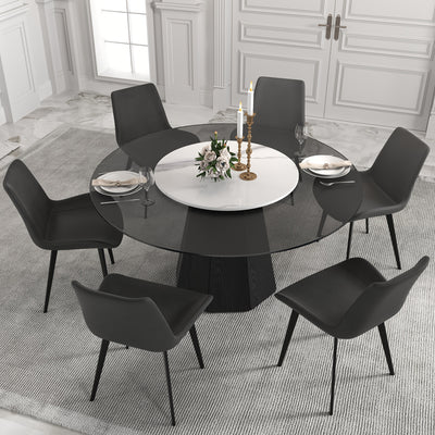 Glass Round Dining Table For 6-8, Modern Dining Table 59" Dining Room Table Round Black Glass Top With Solid Base For Kitchen