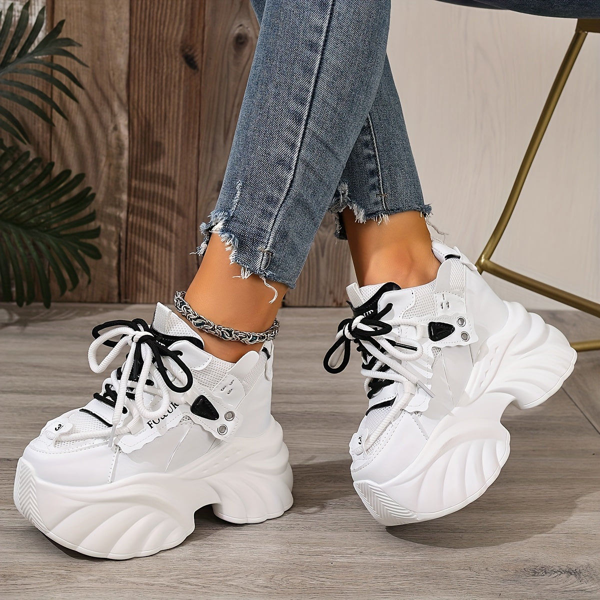 Women'S Chunky Platform Sneakers - Lightweight Low-Top Lace-Up Shoes with Thick Cushioned Sole, Breathable Fabric & Synthetic Cover Upper, All-Season Comfort for Casual & Formal Outfits, Chunky Shoes, Casual Footwear, Durable