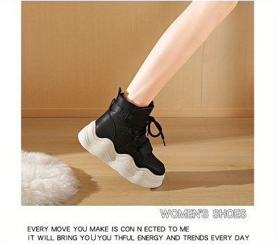2024 Winter Fleece-Lined White Sneakers - Korean Style Insulated Women'S High-Top Lace-Up Shoes, Thick-Soled Casual & Sports Shoes with PU Upper, Rubber Sole, and Breathable Fabric Lining for Cold Weather Comfort, Casual Foot