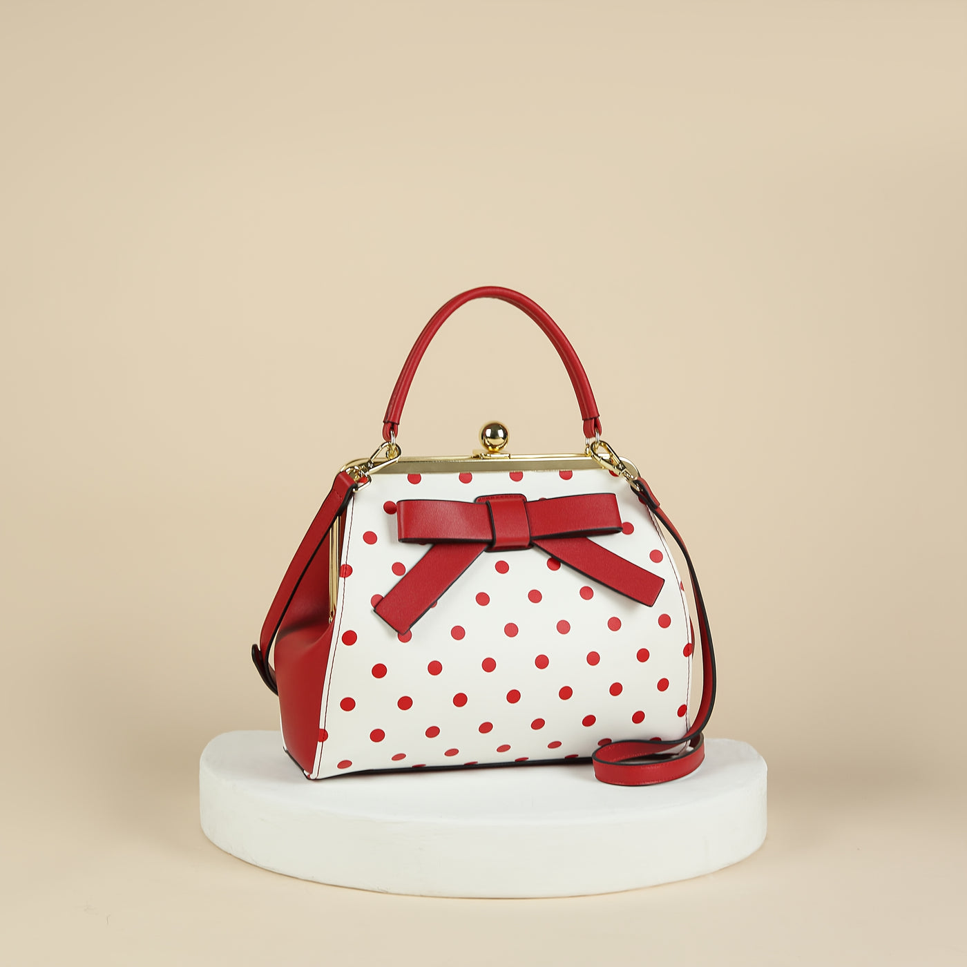 [Elegant Handbag] High Quality Lacquered Handbag | 2024 Autumn New Korean Polka Dot for Women - Kiss Lock Closure, Removable Shoulder Strap & Bow Detail, Glossy Patent Look (Black/White, Bronze, Pink & White) - Perfect for We