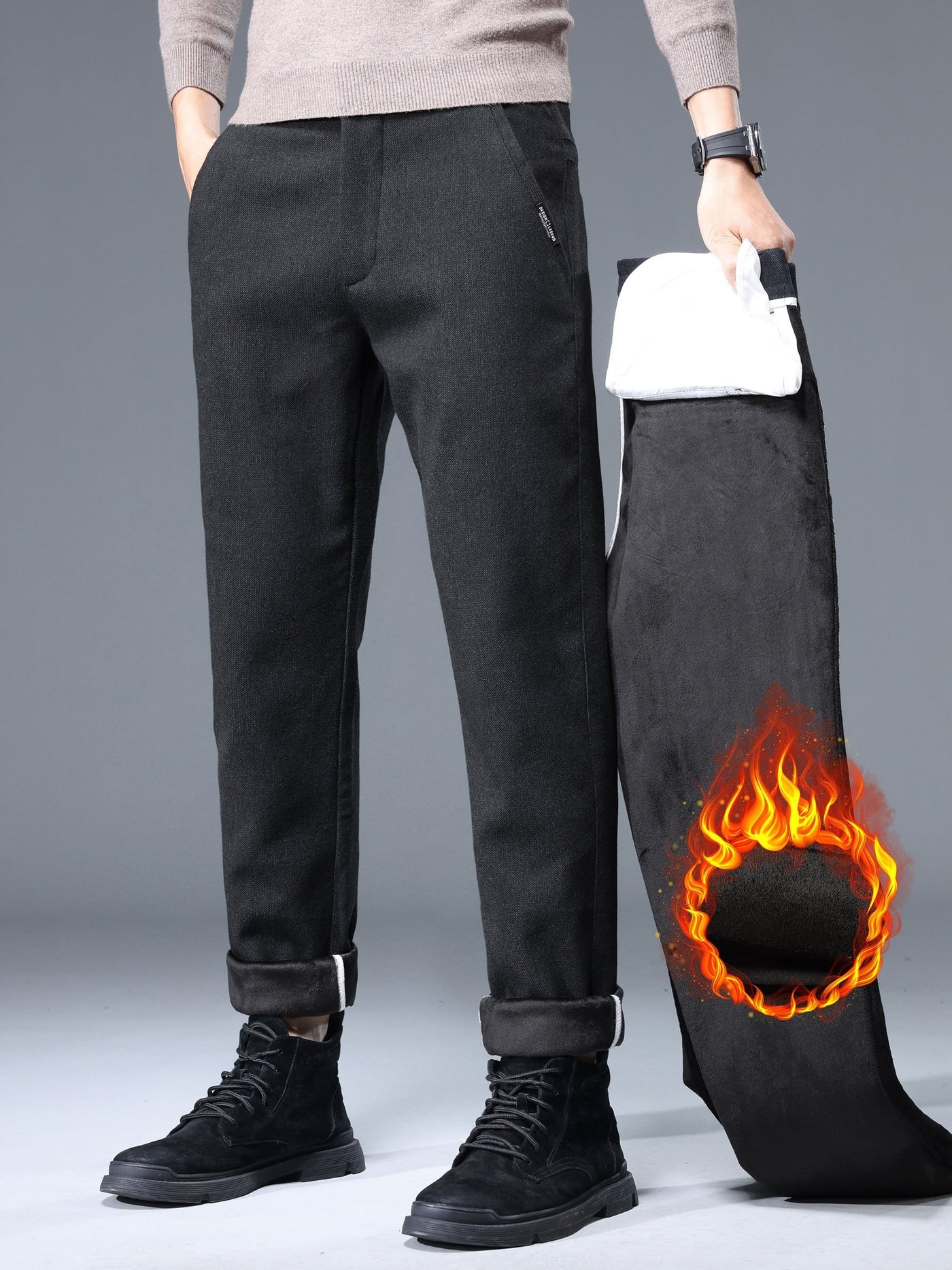 Men's Thermal Padded Slim Fit Trousers, 8891# Winter Woolen Men's Pants, Korean Style Business Casual, Polyester Blend, Regular Length, Zipper Closure, Straight Leg, Mid-Waist, Embroidery Detail, 420gsm