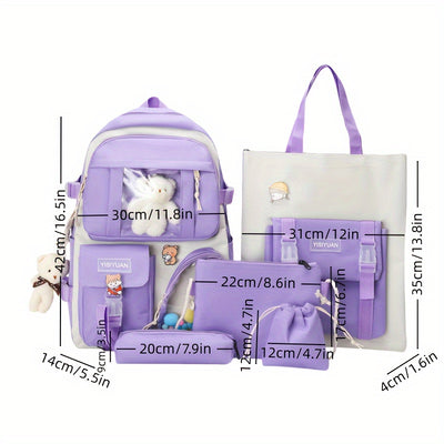 New Five-piece Backpack Korean Version Of The School Bag Women's Lightweight Harajuku Ins Casual Backpack Cute Bear Pendant Backpack