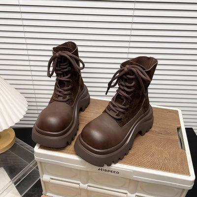 Women'S Chunky Platform Ankle Boots - Round Toe Lace-Up Mid-Heel Boots with Cross Strap Detail, Brown Fabric Upper & Rubber Sole for Spring/Fall Outdoor Travel, Versatile Casual to Formal Wear, Spring Fall Footwear, Durable T