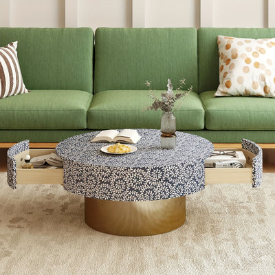 32.5" Round Coffee Table with 2 Large Drawers - Mid-Century Modern Living Room Center Table, Heavy-Duty Metal Construction, Easy Assembly, Golden Accent base for Small Spaces, Apartments, Offices - Space-Saving Storage Organi