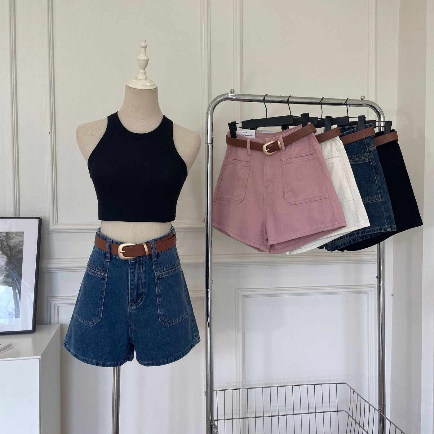 Women's High-Waisted A-Line Denim Shorts - Summer 2024 Fashion, Versatile Korean Style Wide-Leg Hot Pants, White & Pinkish-Beige Jean Shorts with Adjustable Belt, Casual Streetwear for Women, Adjustable Fit Shorts | Buckle De