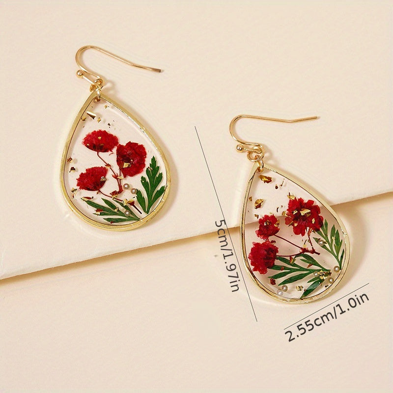 Japanese And Korean Fresh Sweet Epoxy Leaves Preserved Fresh Flower Earrings Elegant Exquisite Drop-Shaped Red Dried Flower High-Grade Earrings