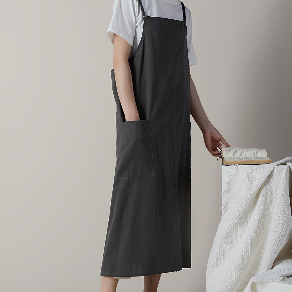 Waterproof Cotton-Linen Apron, Korean Style Japanese Adjustable Pinafore with Pocket, 1pc