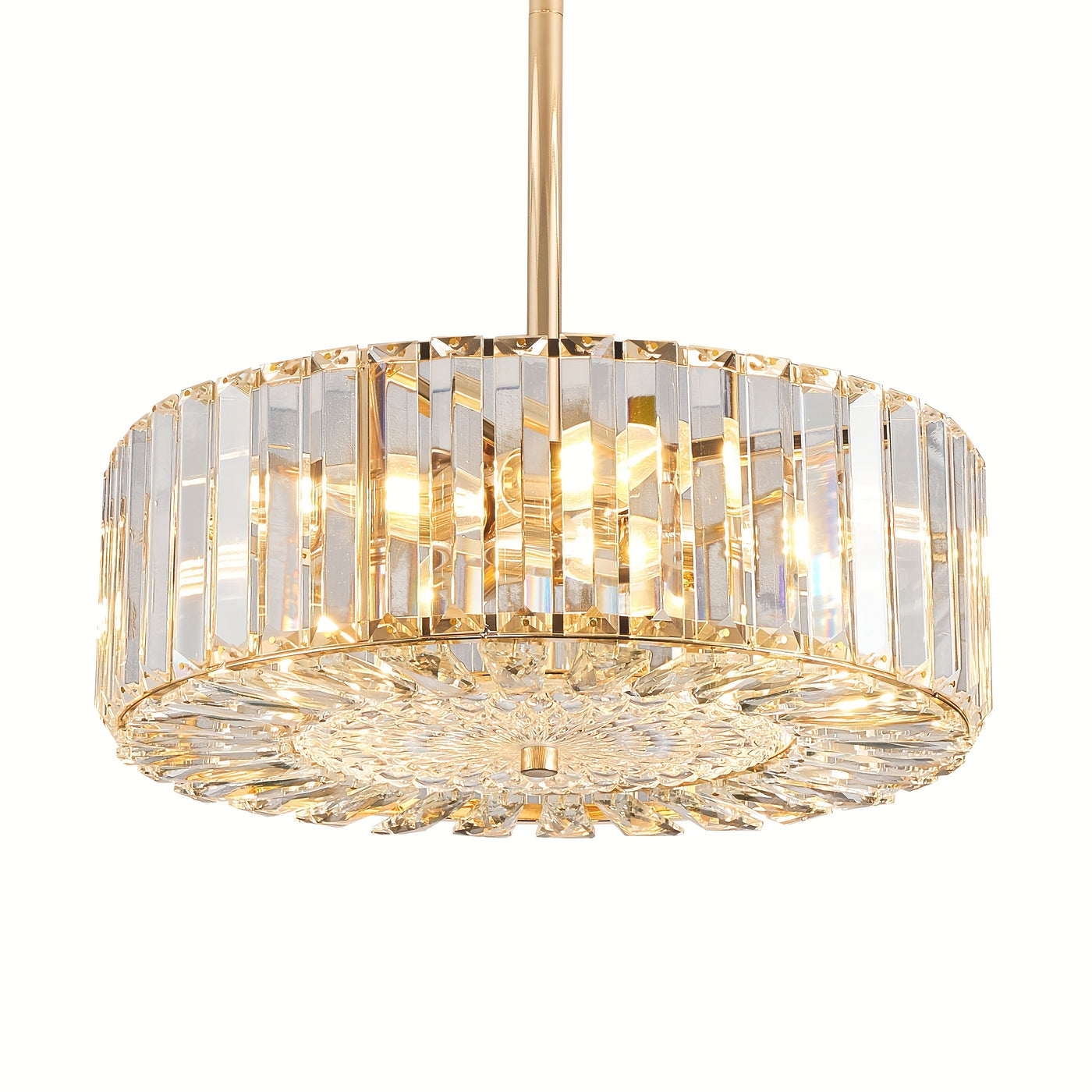 Golden Crystal Chandelier For Dining Room, 4-Light Modern Semi Flush Mount Chandelier Lighting Fixtures, Round Kitchen Hanging Drum Pendant Lights Ceiling For Bedroom Entryway Foyer, 15 Inch