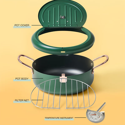 Deep Fryer Pot, 4.3L/11 Inch Japanese Tempura Frying Pot with Fahrenheit Thermometer, Nonstick Carbon Steel Oil Fryer, for Tempura/Frech/Fish/Chicken Fries, Easy Clean, Green