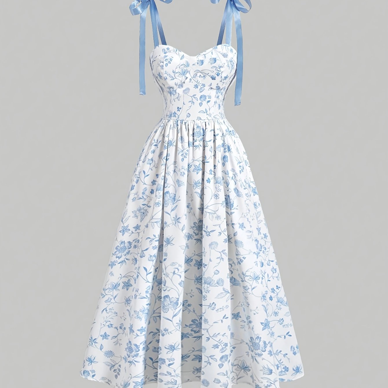Elegant Off-Shoulder Floral Print Dress with Red Bow Straps