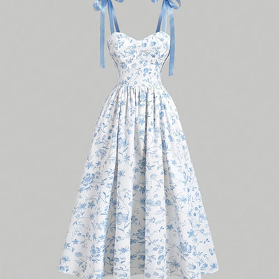 Elegant Off-Shoulder Floral Print Dress with Red Bow Straps