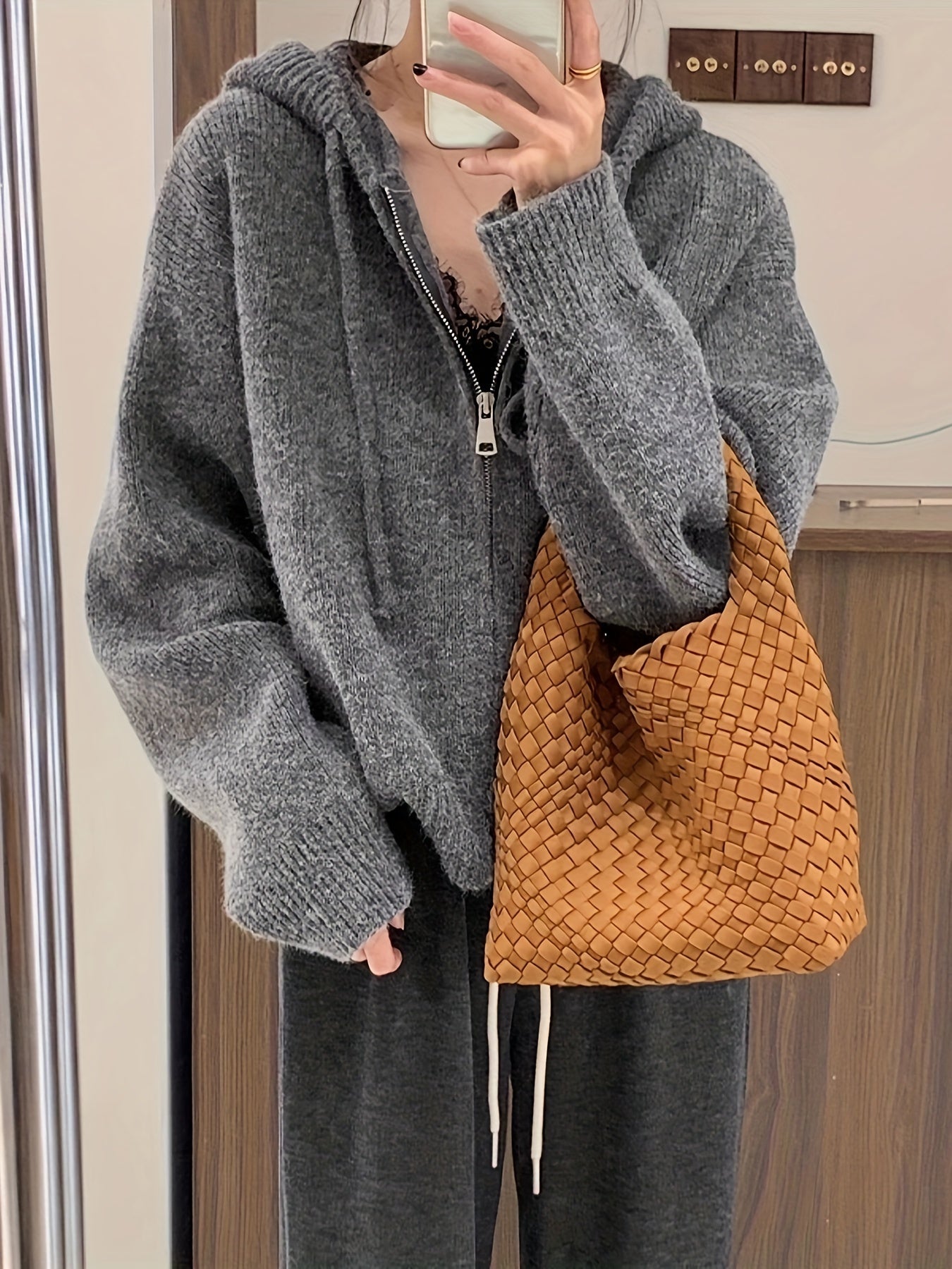 Solid Zipper Drawstring Hooded Cardigan, Casual Long Sleeve Loose Cardigan For Fall & Winter, Women's Clothing