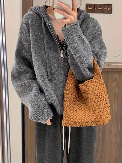 Solid Zipper Drawstring Hooded Cardigan, Casual Long Sleeve Loose Cardigan For Fall & Winter, Women's Clothing