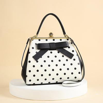 [Elegant Handbag] High Quality Lacquered Handbag | 2024 Autumn New Korean Polka Dot for Women - Kiss Lock Closure, Removable Shoulder Strap & Bow Detail, Glossy Patent Look (Black/White, Bronze, Pink & White) - Perfect for We