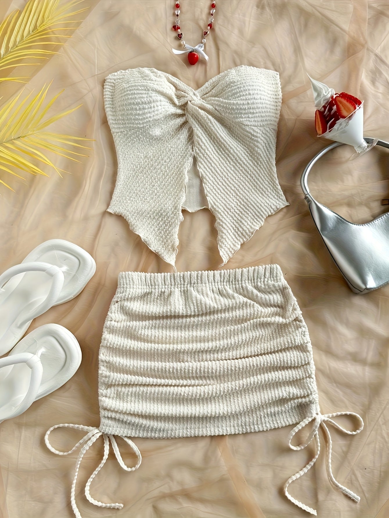 Solid Color Twist Strap Top and Side Drawstring Mini Skirt Set