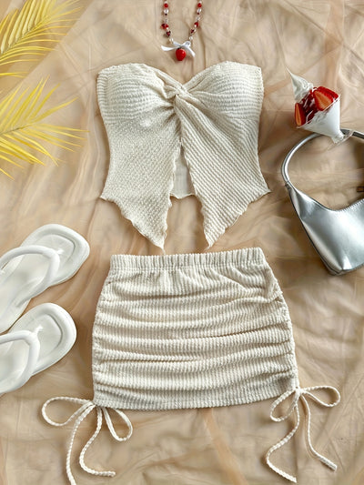 Solid Color Twist Strap Top and Side Drawstring Mini Skirt Set