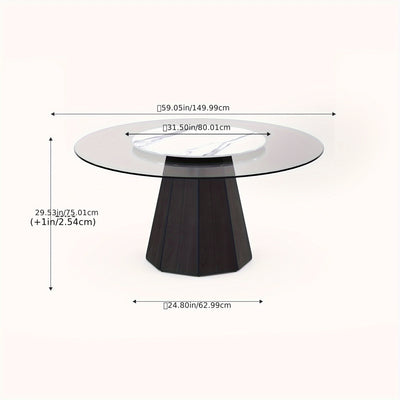Glass Round Dining Table For 6-8, Modern Dining Table 59" Dining Room Table Round Black Glass Top With Solid Base For Kitchen