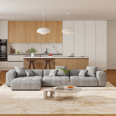 144" Modern White Linen Modular Sectional Sofa with 2 Ottomans - 3-Seater L-Shaped or U-Shaped Configurations, Plush Cushioned Deep Seat, Hardwood Frame & Chenille Fabric, Removable Washable Cover, Neutral-Toned Living Room C