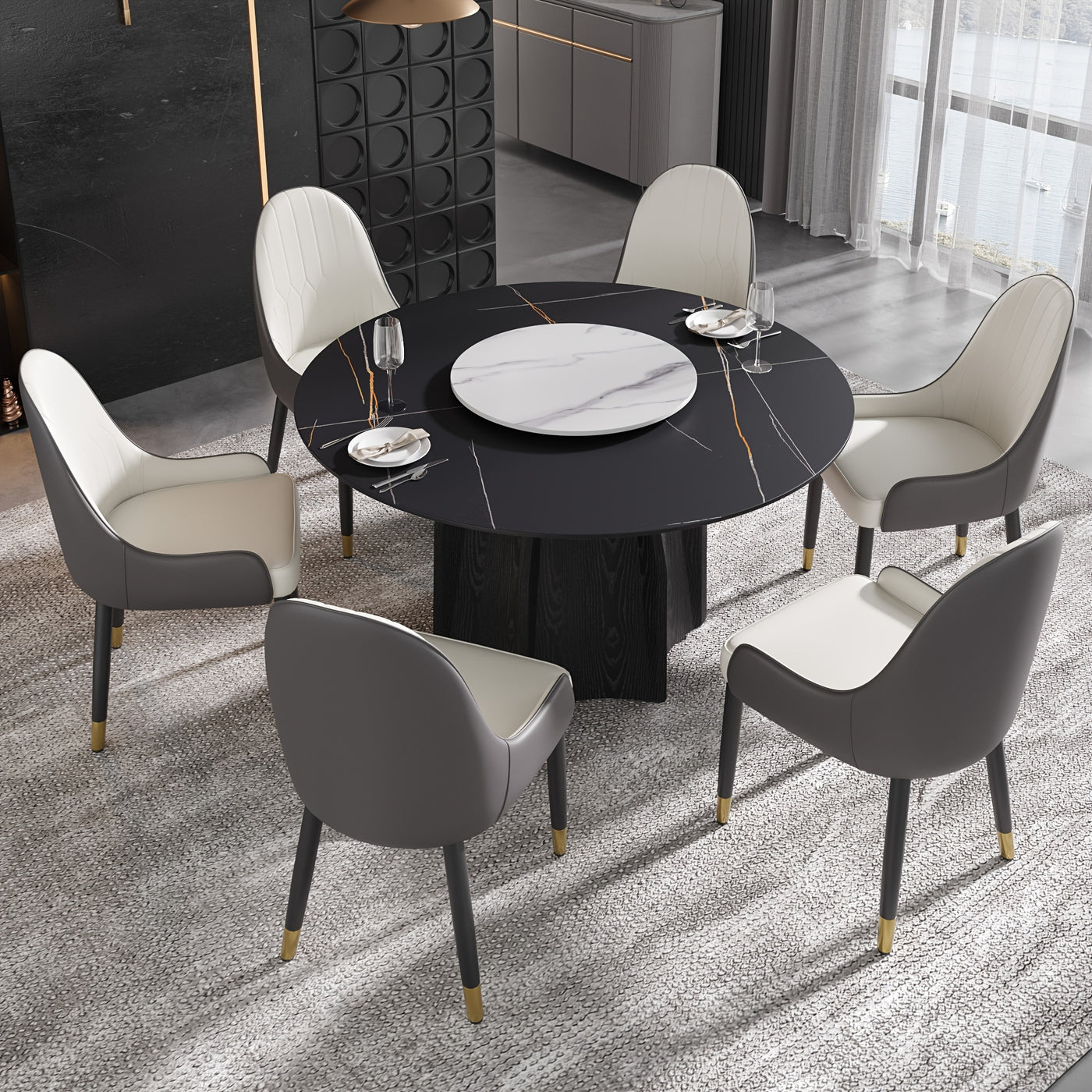 Modern Black Marble Round Dining Table with Lazy Susan - Glossy Sintered Stone Finish, Unique Metal Legs, Seats 4-6, Perfect for Kitchen or Dining Room, Elegant and Functional Design