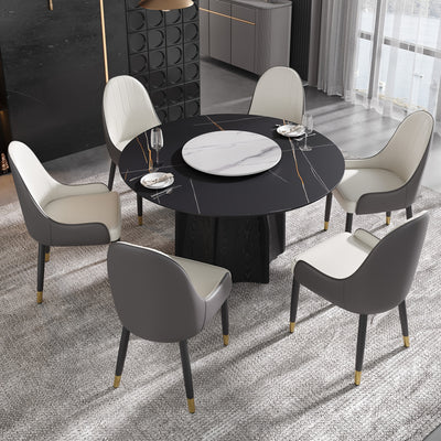Modern Black Marble Round Dining Table with Lazy Susan - Glossy Sintered Stone Finish, Unique Metal Legs, Seats 4-6, Perfect for Kitchen or Dining Room, Elegant and Functional Design