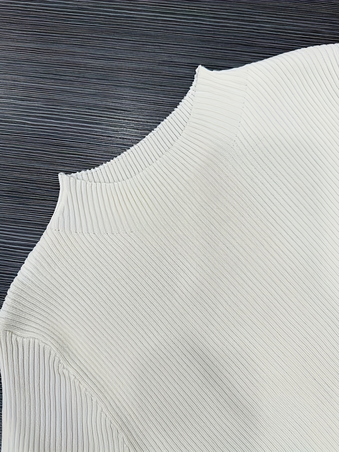 Women'S Sweater Dress - Ribbed Texture, Stretchy Slim Fit A-Line with Stand Collar & Short Sleeves, Elegant Casual Commuter Style, Machine Washable, White, Versatile Fashion, Soft Fabric