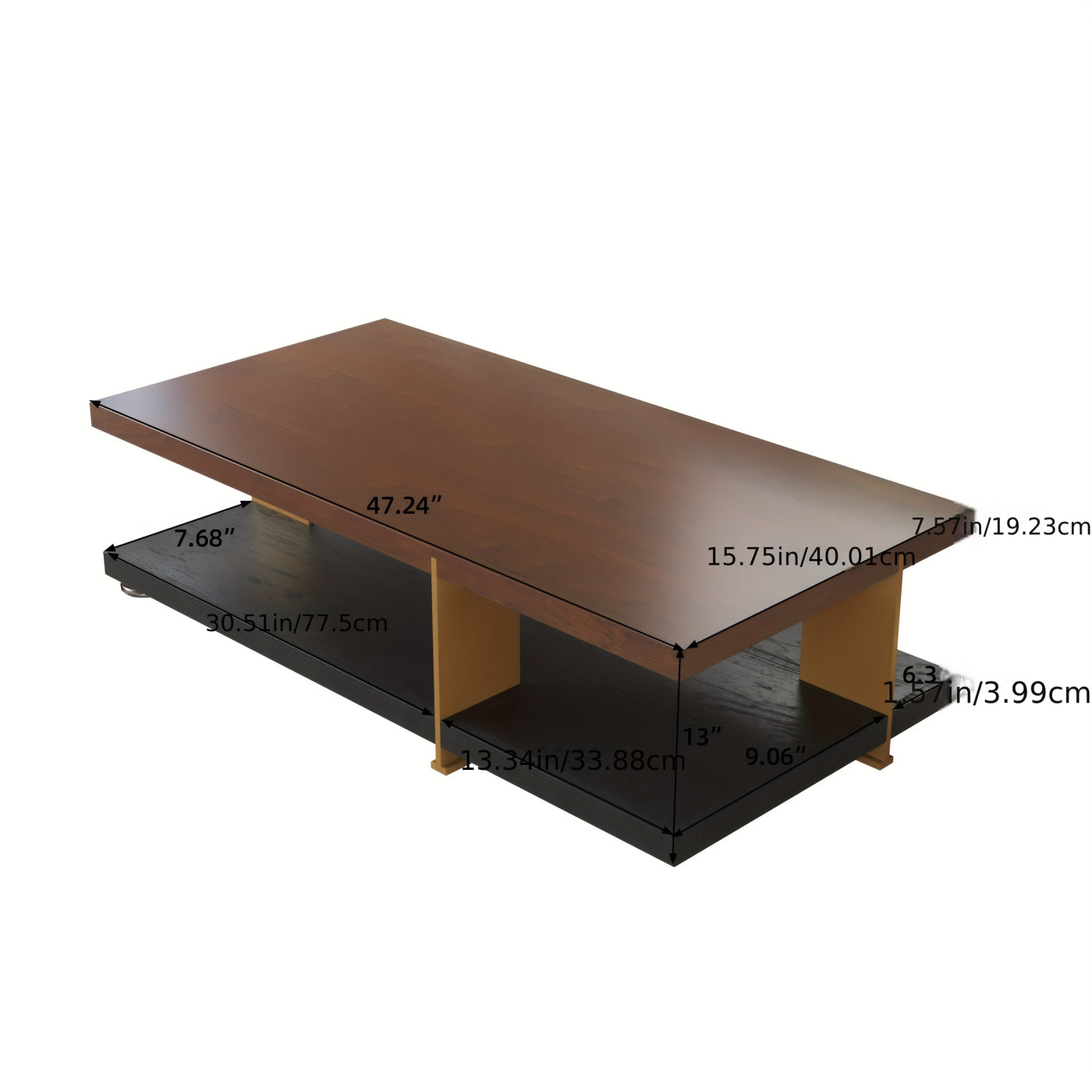 Modern Black Wood Coffee Table with 2-Tier Storage Shelves - Mid-Century Design Center Table for Living Room, Office, or Apartment (47.24" x 15.75" x 13"), Living Room Furniture | Clean Line Furniture | Highdensity Fiberboard