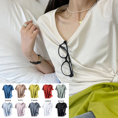 Mulberry Silk Women's Mercerized Cotton T-shirt Fine Solid Color Round Neck Short Sleeves