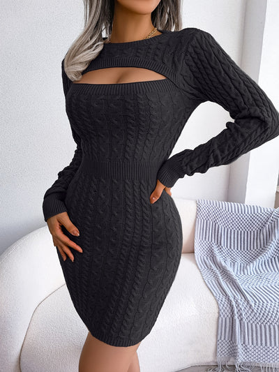 Solid Ribbed Knit Keyhole Dress, Elegant Crew Neck Long Sleeve Bodycon Dress - Stretchy & Comfortable Fabric - For Women - Perfect for Parties & Night Out - Ideal Gift for Her