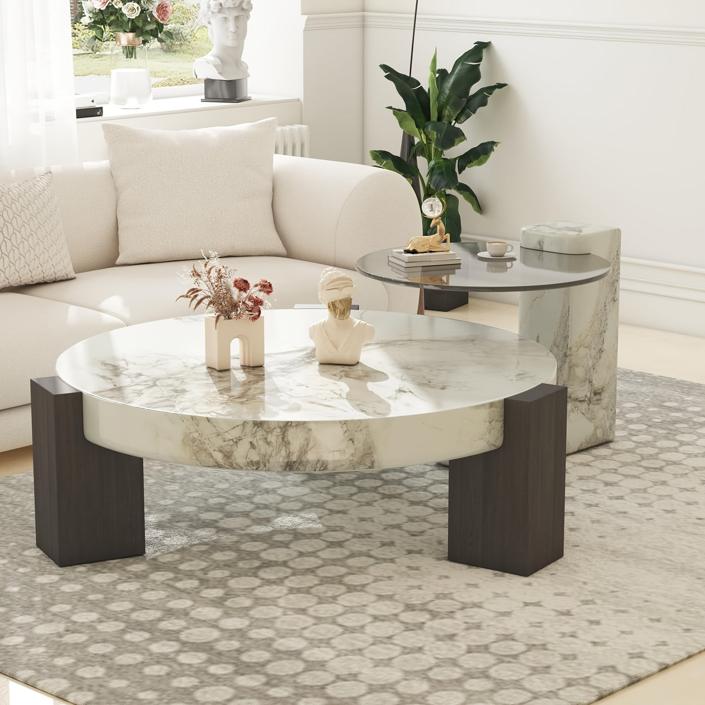 Modern Round Nesting Coffee Tables Set Of 2, Coffee Tables with Faux Marble Texture Surface And C-Shaped Side Table, Nesting Coffee Tables for Living Room/Apartment, Nesting Coffee Table Set, Coffee Table for Living Room, Cof