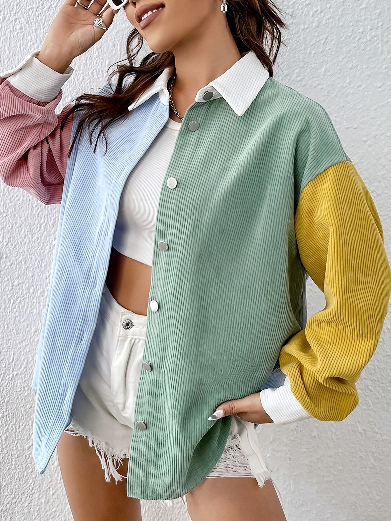 Color Block Button Front Shirt, Casual Long Sleeve Drop Shoulder Shirt For Spring & Fall, Women's Clothing