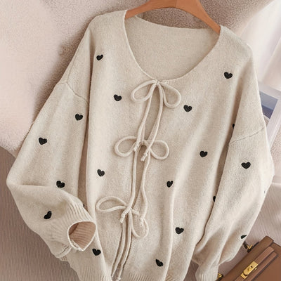 Women'S Soft Pink Sweater - Pastel Pink Cardigan with Front Tie-Waist, Heart Pattern, Boat Neck Longline Blouse for Fall/Winter Layering - Cozy Chic Sweater for Everyday Formal Outfits, Cute Sweaters, Winter Wardrobe, Feminin