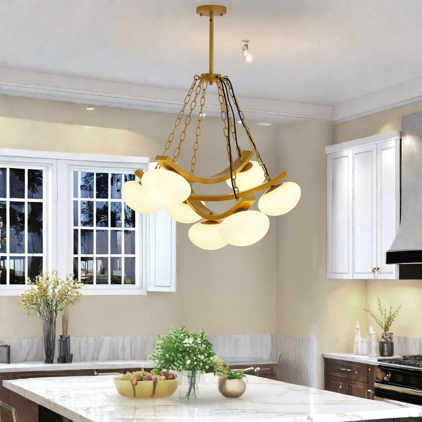 7-Light Golden Modern Sputnik Chandelier, Mid Century for Dining Room Light Fixtures Over Table, Adjustable Hanging Ceiling Light Fixture with Globe Glass Shades for Kitchen Island Living Room Bedroom, Dining Table Light, Cha