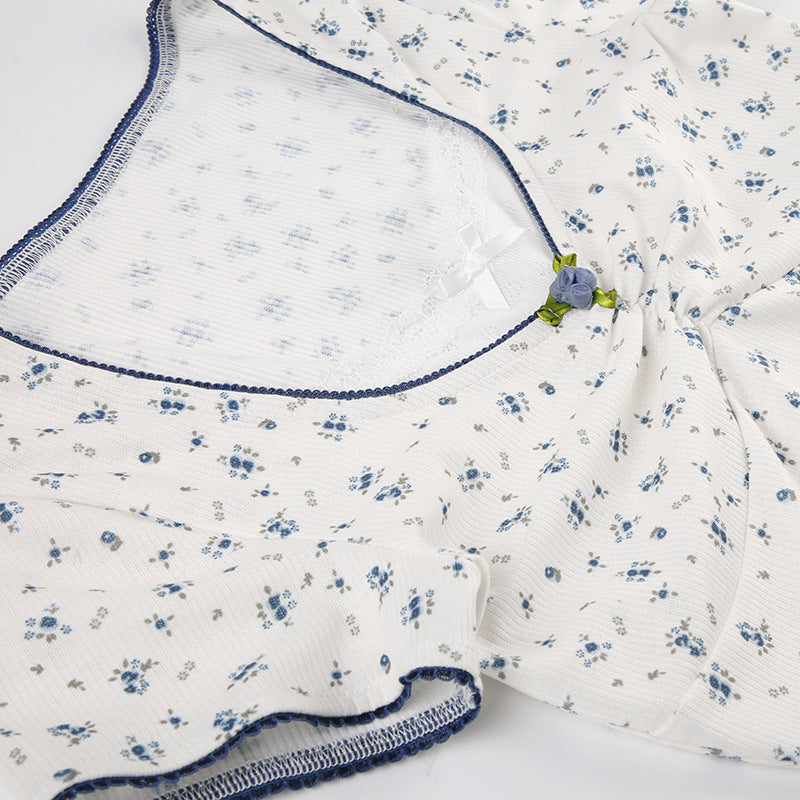 Lace Stitching Square Collar Pleated Bow Short Sleeve T-shirt