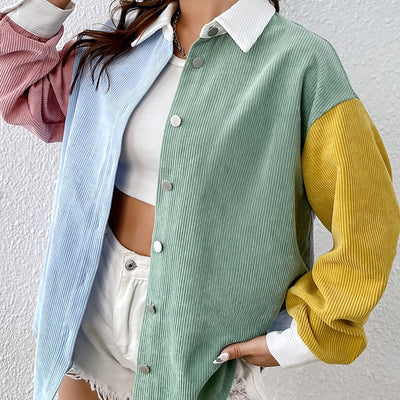 Color Block Button Front Shirt, Casual Long Sleeve Drop Shoulder Shirt For Spring & Fall, Women's Clothing
